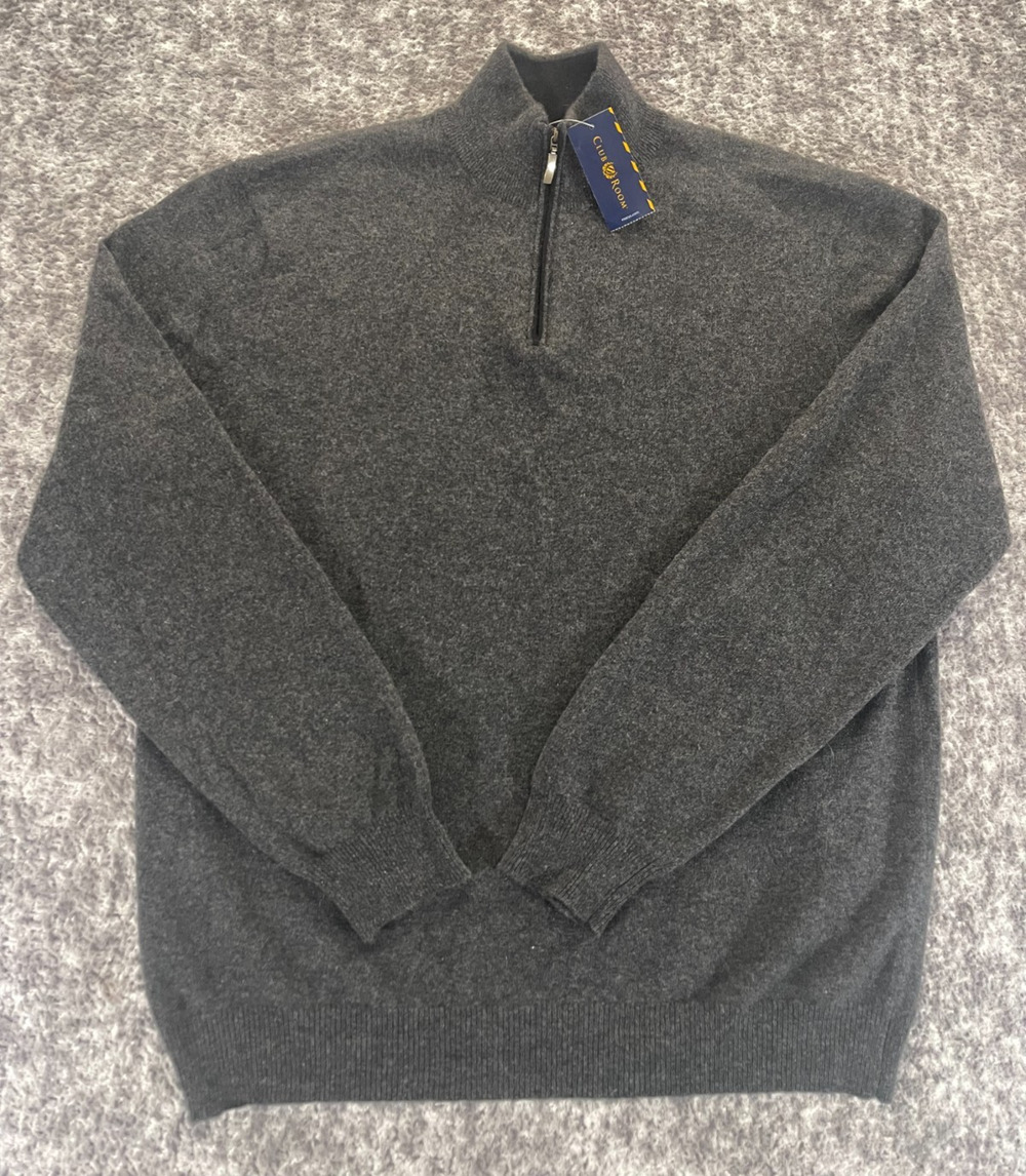 NWT Club Room Sweater Mens Large Dark Charcoal Luxury 100% Cashmere 1/4 Zip